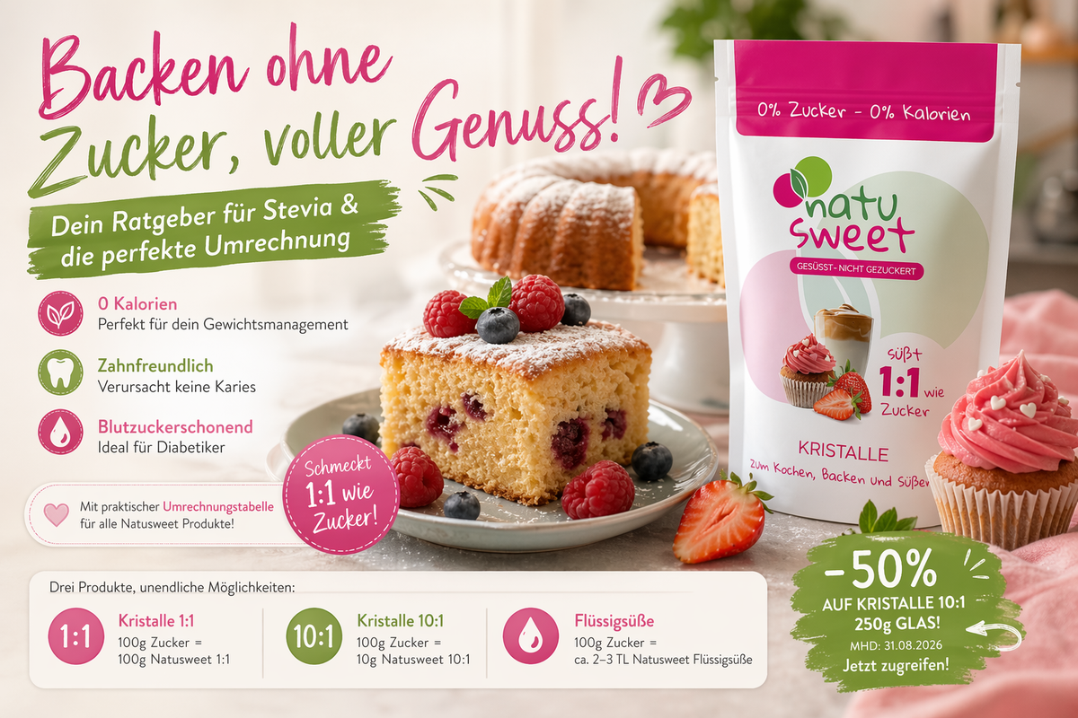 Backen ohne Zucker: Kuchen mit Beeren neben NatuSweet 1:1 Kristallen – Ratgeber zur Umrechnung von Zucker in Stevia